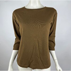 MM Lafleur Pima Cotton Tee Shirt Women M EUC Crew Neck 3/4‎ Sleeve Stretch Brown